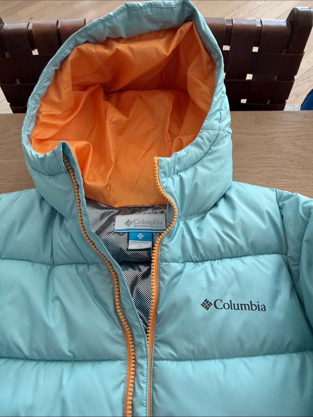 Columbia Omni-Heat  Puffer Jacket in Aqua with Orange Lining kids size M 10/12
